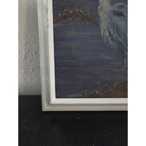 Vintage 1970s-90s Oil Painting Heron at Sunset 14x11" Framed Lake Scene Bird - Picture 6 of 9